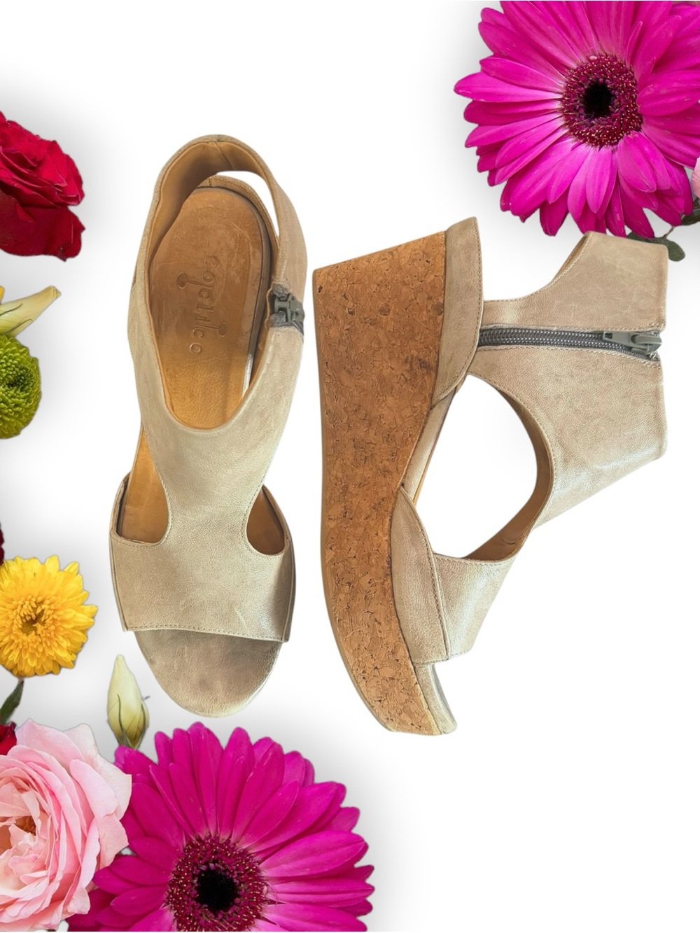 COCLICO Beige Suede Cork Wedge Sandals with Side Zip